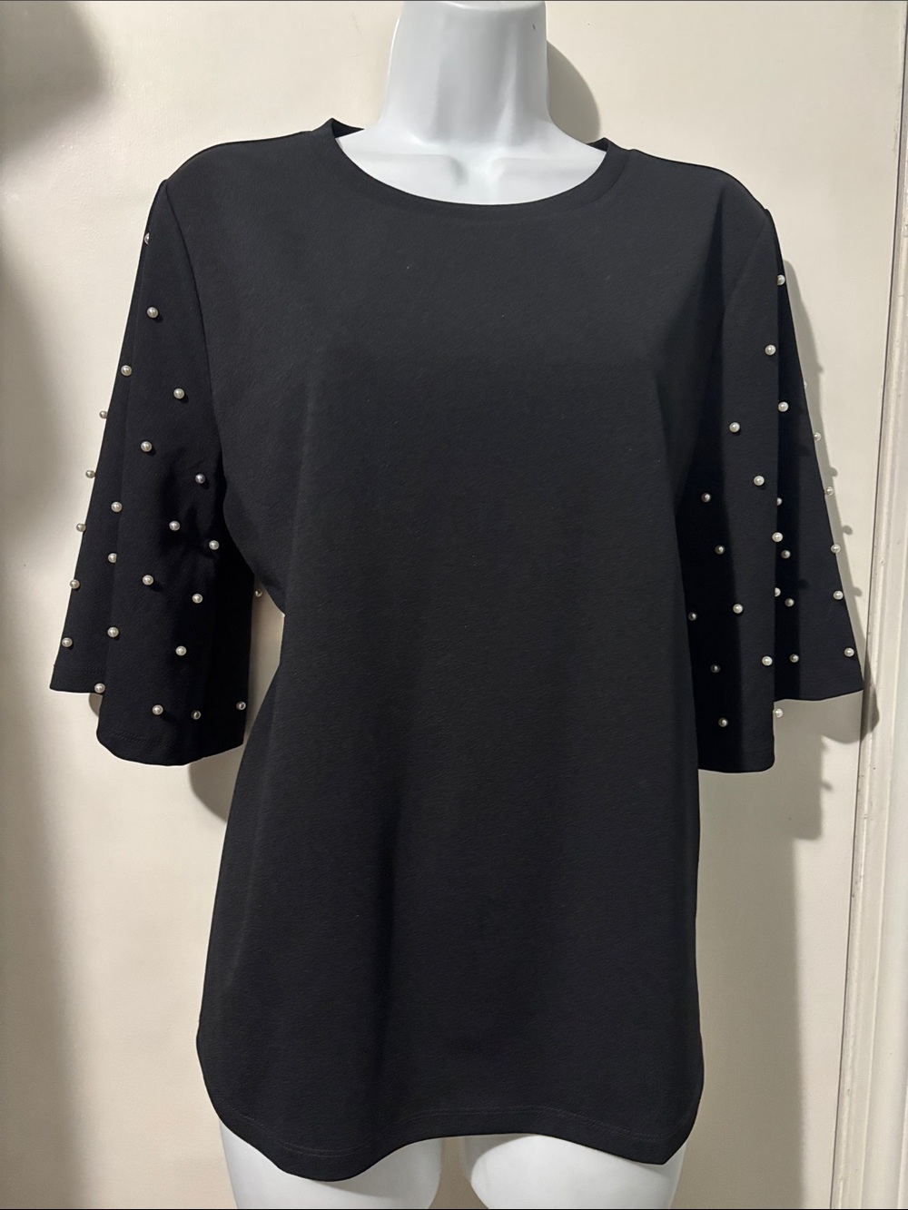 Ann Taylor Black Pearl-Accent Long Sleeve Dress Top